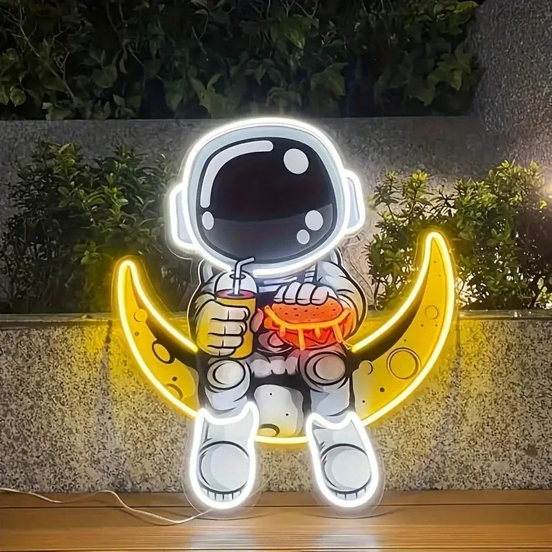 Astronaut-shaped neon wall lamp with blue lemon yellow lighting in 30x35cm plastic housing