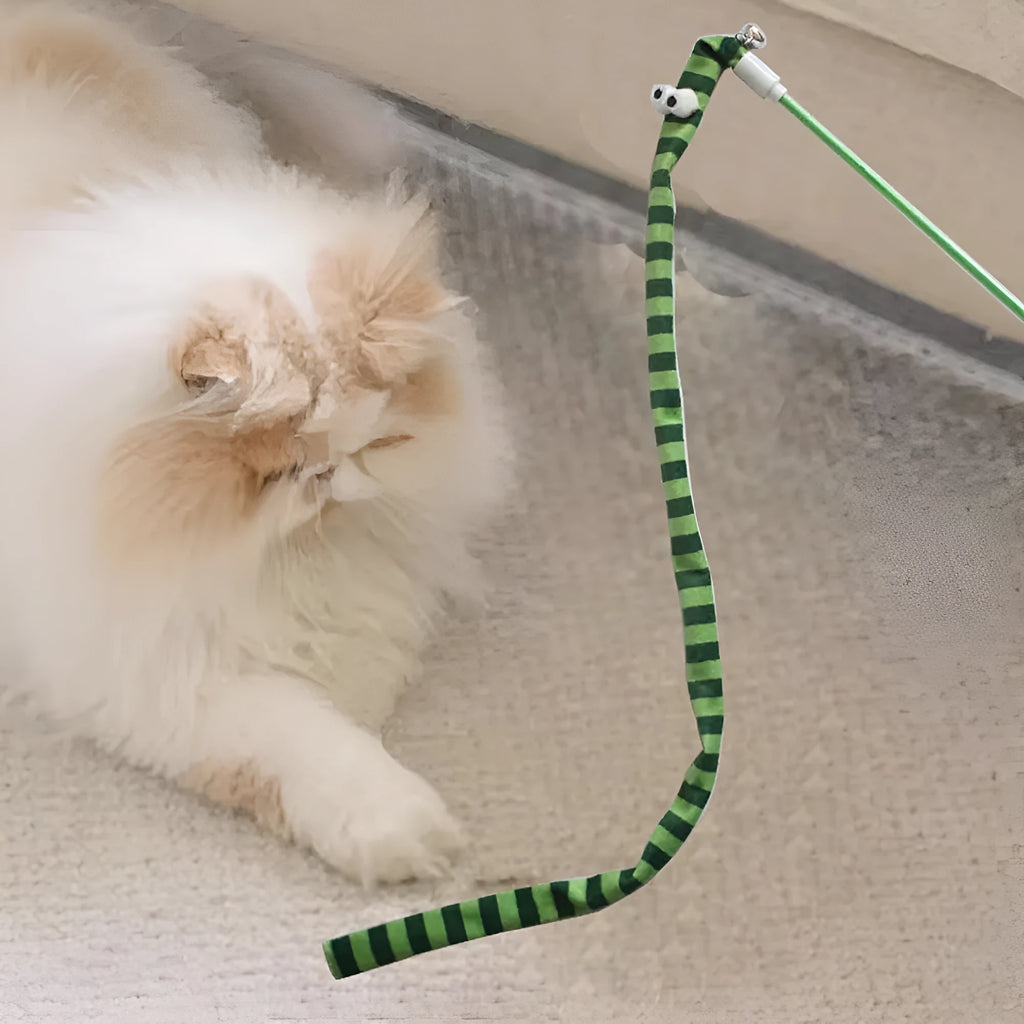 Cat wand teaser toy with polycarbonate handle and long plush strip in multiple colour options