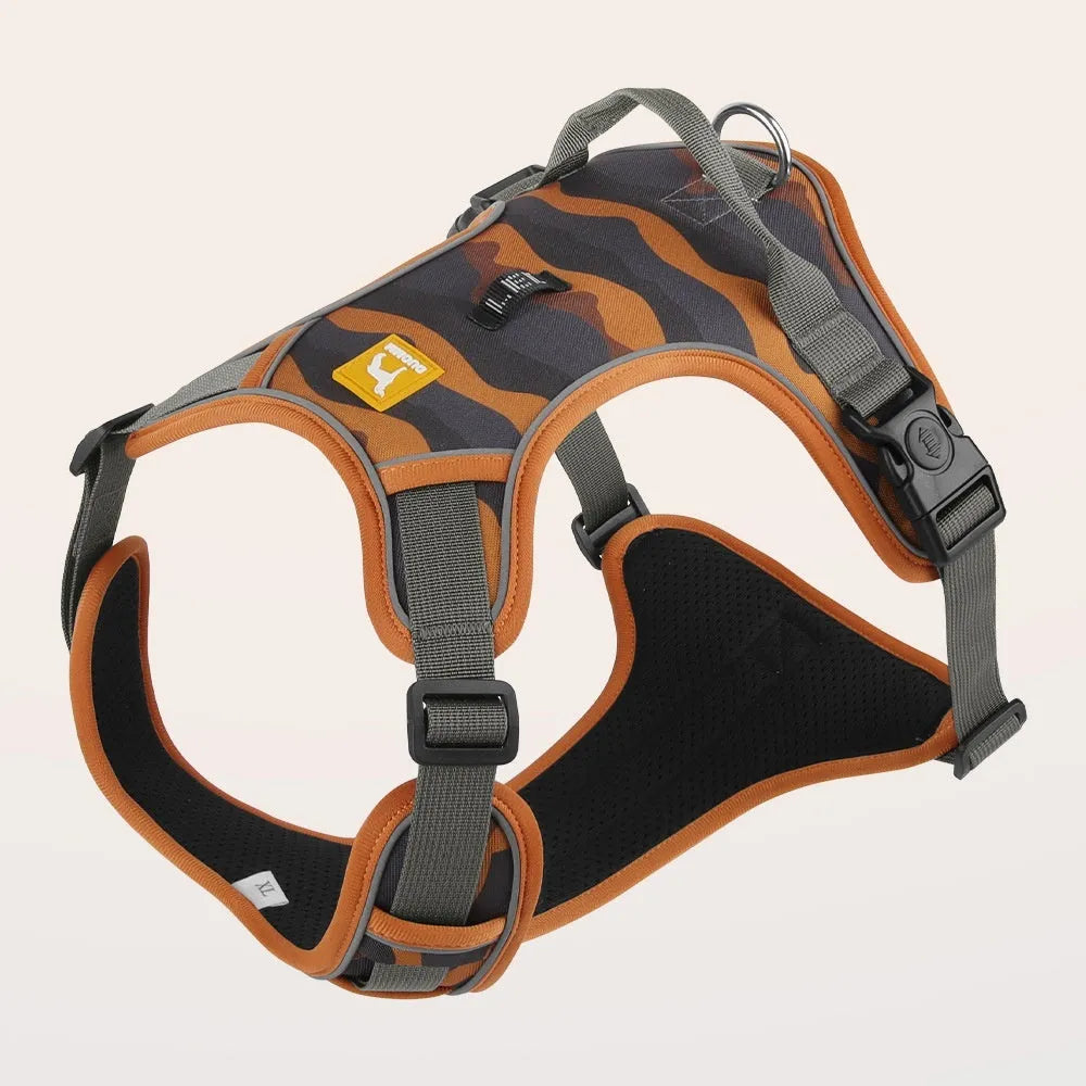 Orange reflective dog chest and back harness with an integrated hand-holding walking rope.