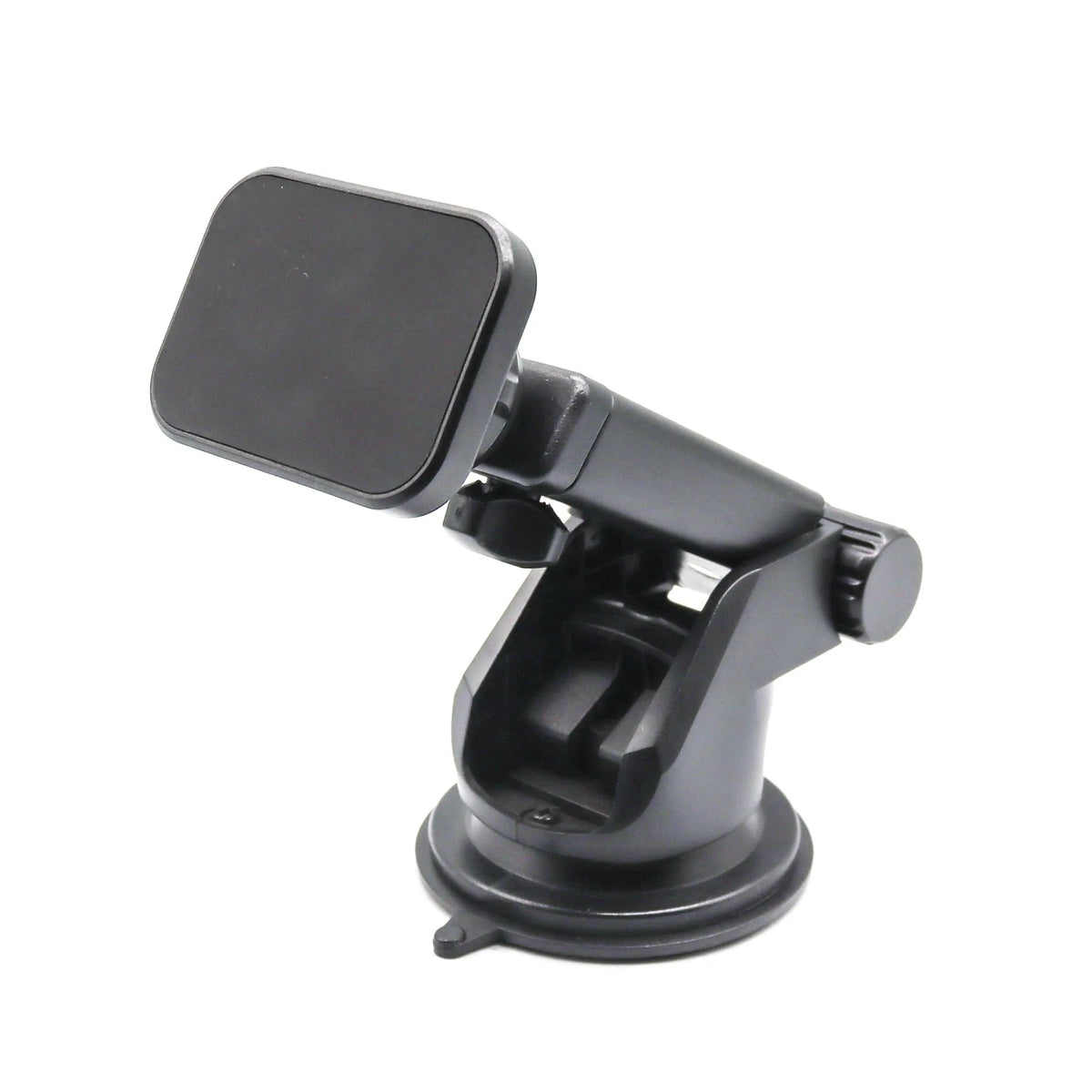 Black rotatable magnetic car phone holder mounted on dashboard with smartphone attached