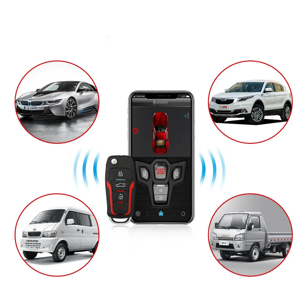 Red and frosted black one-way car alarm unit with two remote controls for 3000m vehicle security.