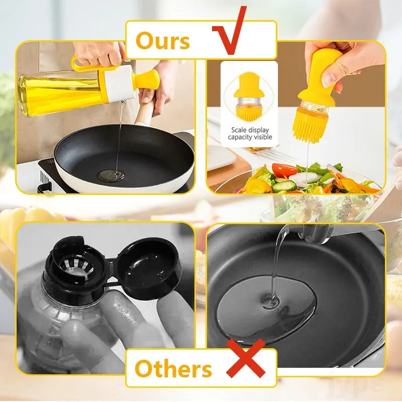 Yellow 2 in 1 oil dispenser with silicone brush next to glass bottle