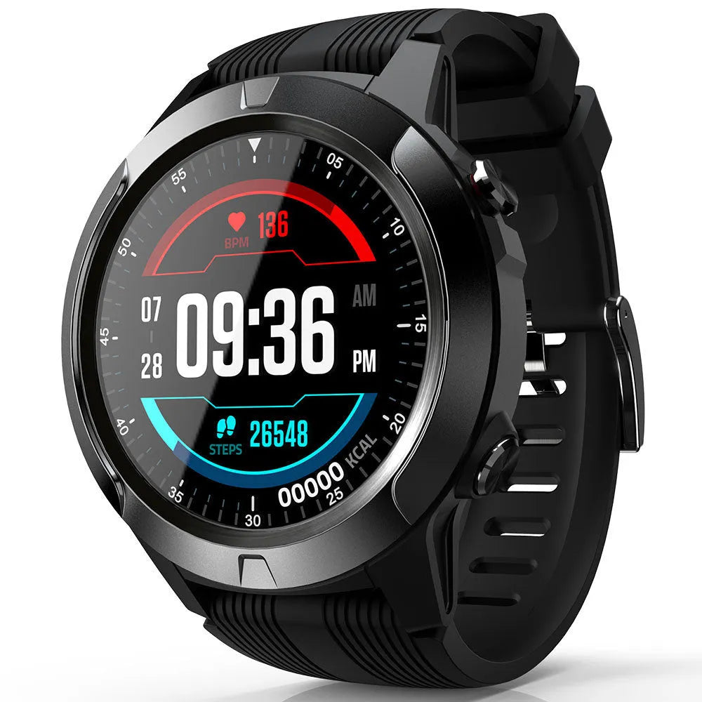 Black smart watch for men with 1.3-inch screen showing fitness tracking interface