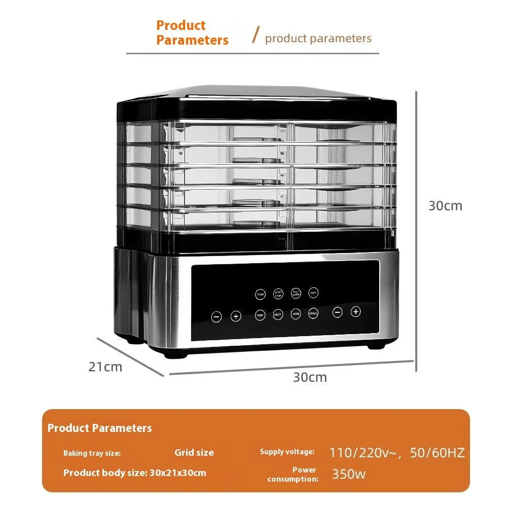 Silver stainless steel fruit dehydrator with multiple drying trays and digital temperature controls