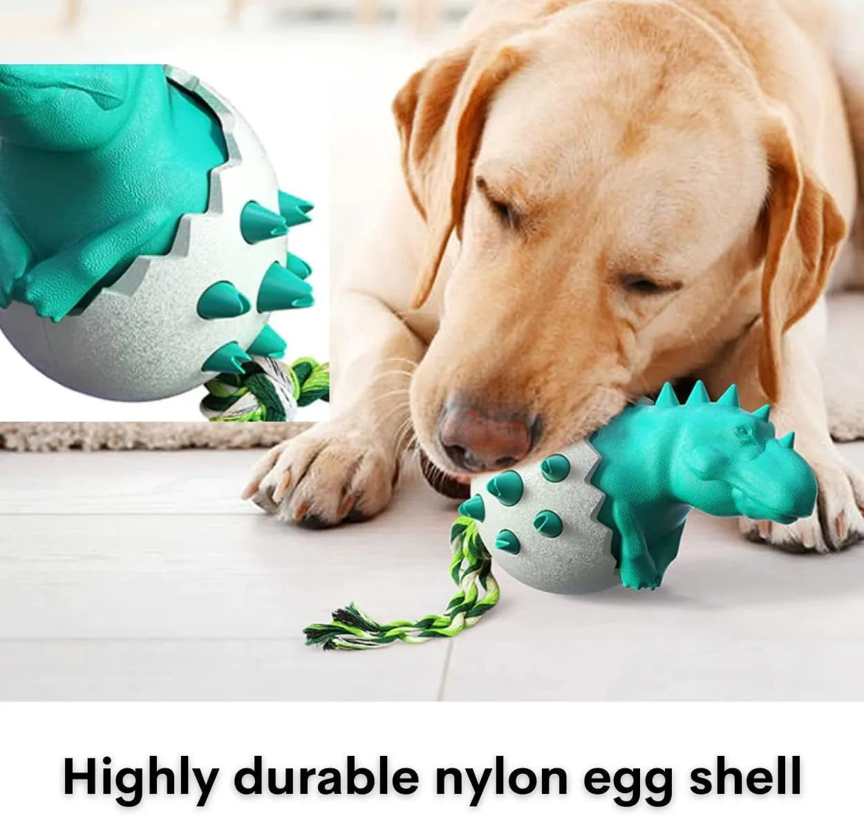 Blue durable rubber dinosaur dog chew toy with rope for aggressive chewers.