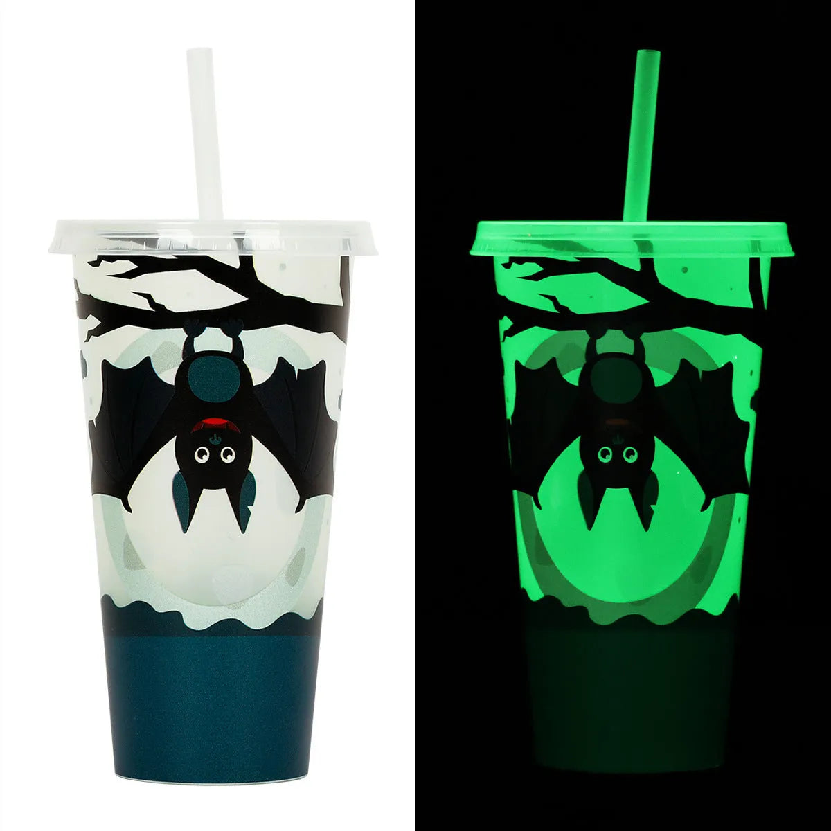720ml plastic sippy cup with luminous straw in assorted colours for Halloween.