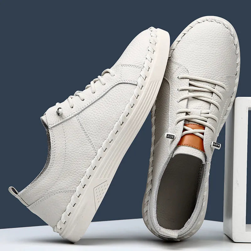 Men's beige and black cowhide leather sneakers with round toe and mesh lining