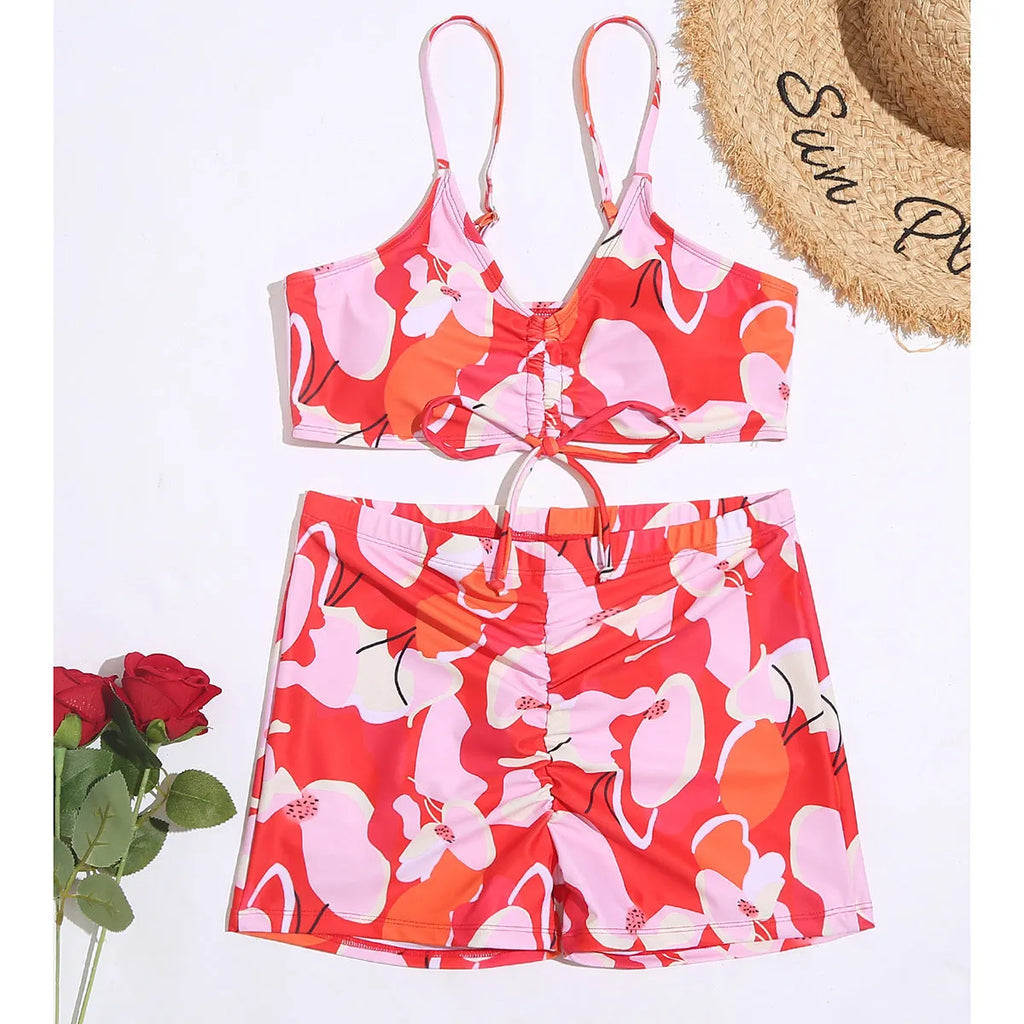 Printed drawstring high waist bikini swimsuit for women, colour ZH289RE, polyester lined brief