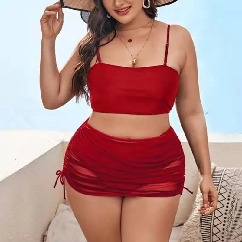 Women's solid colour mesh bikini three-piece set showing top, underwear, and apron.