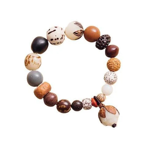 Women's 18-seed Bodhi bead bracelet with elastic cord and geometric design