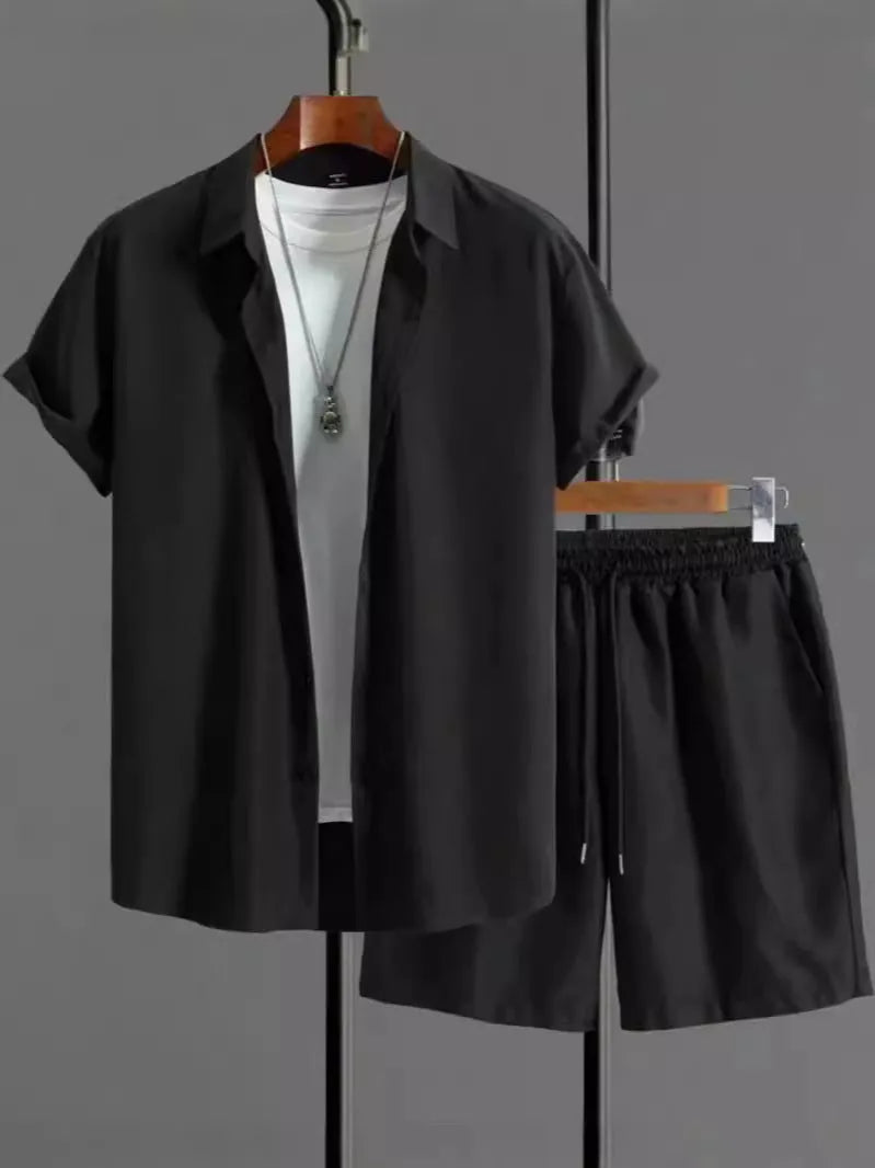 Men's beige short-sleeve jacket and shorts casual summer suit set on a hanger.