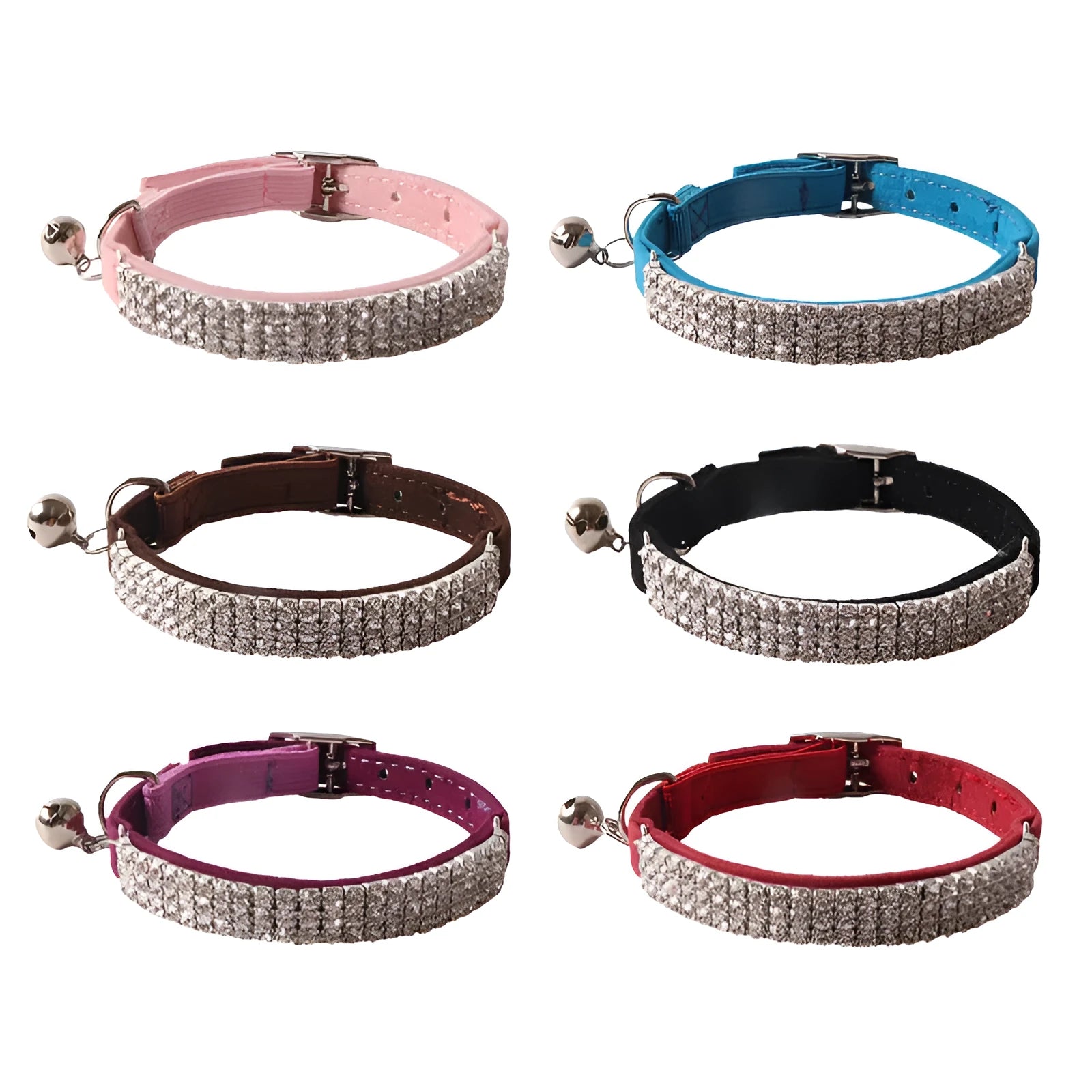 Pink cat collar with silver gang drill studs on soft flocking fabric, showing adjustable buckle and D-ring.