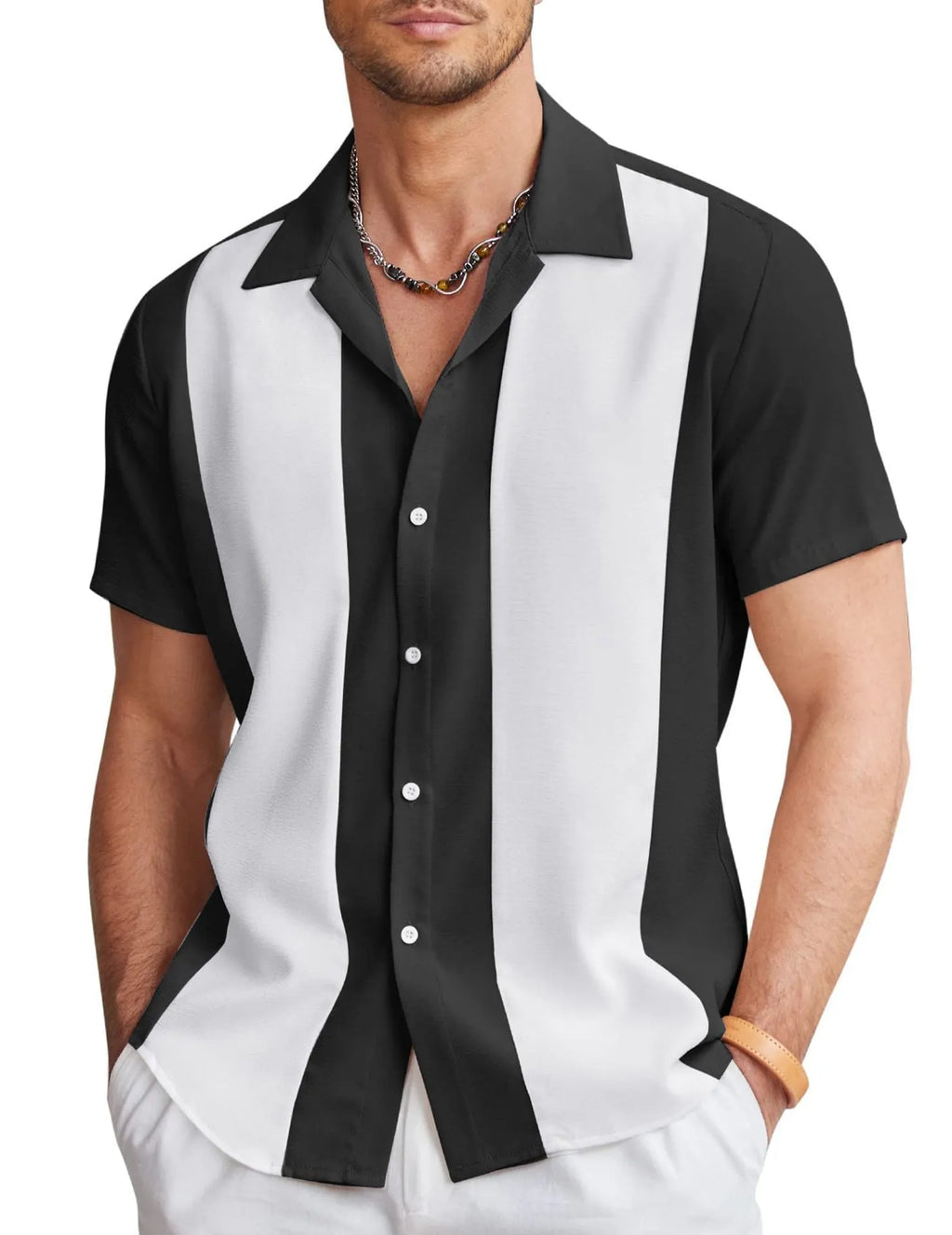 Man wearing a slim fit, short sleeve Hawaiian print shirt with a cardigan style.