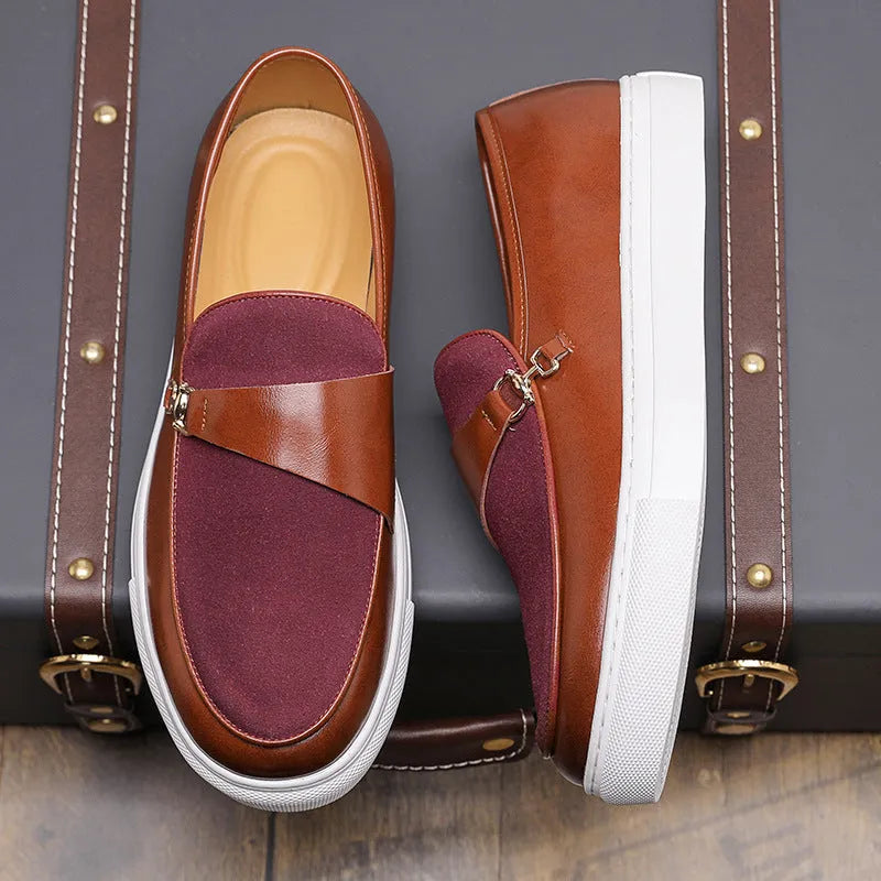 Men's black slip-on shoes with gold horsebit buckle and round toe stitching design