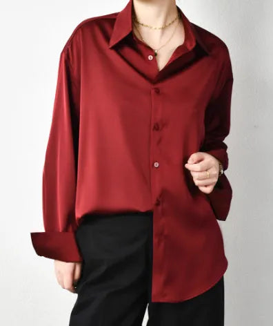 Loose oversized drop shoulder shirt in acetate blend, apricot colour, with cardigan design and long sleeves