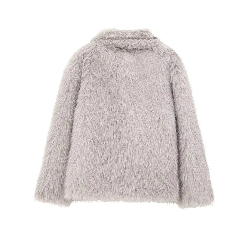 Women's solid colour faux fur jacket with lapel collar and long sleeves in beige, shown front view