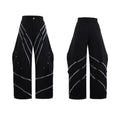 Men's black polyester trousers with metal rivet stripe and front pleats on a white background.