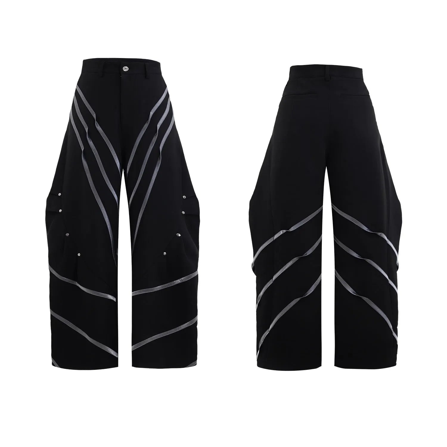 Men's black polyester trousers with metal rivet stripe and front pleats on a white background.