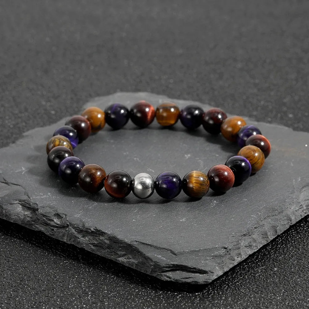Natural tiger-eye stone elastic bracelet with minimalist geometric design on wrist