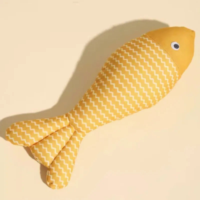 Blue, red or yellow catnip fish toy with natural filling for feline energy and dental health