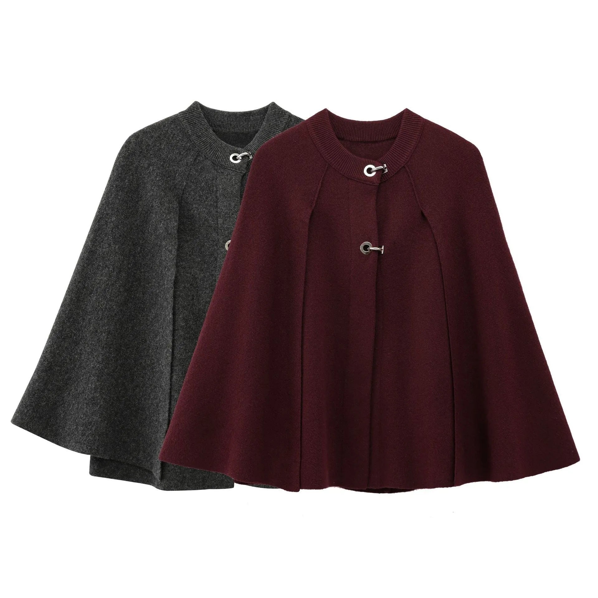 Cape round neck long sleeve knitted sweater coat in solid colour, front view, cardigan style