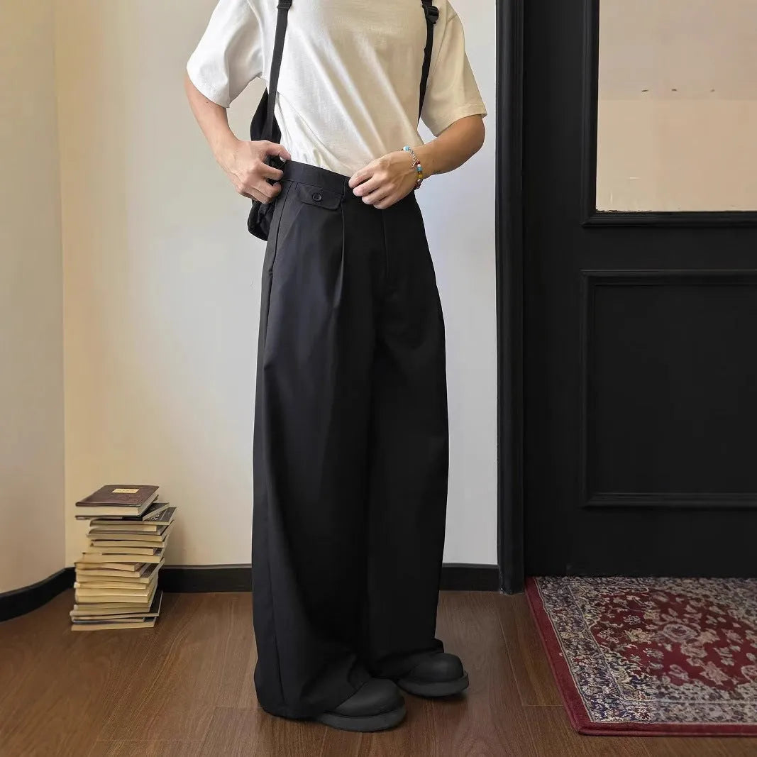 Men's straight-leg loose-fit casual suit trousers in brown and black colour options.