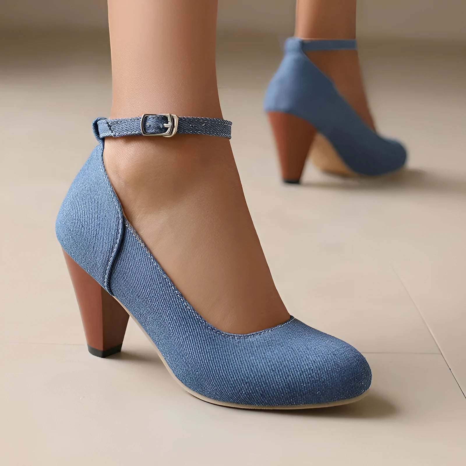 Women's blue denim waterproof platform high heel shoes with buckle fastening and round toe
