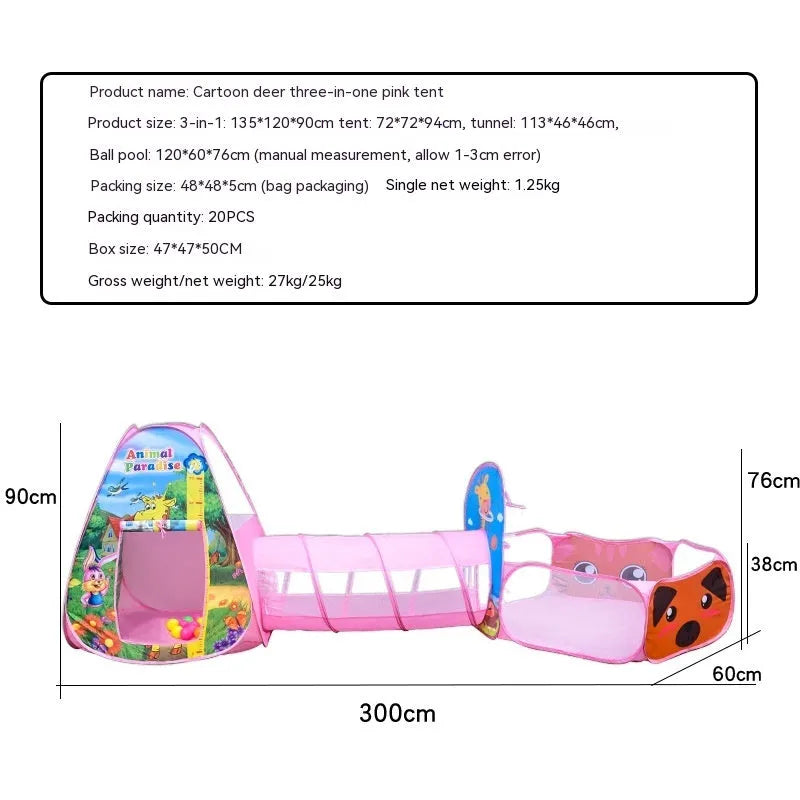 Three-in-one children's play tent set with inflatable ball pool and connecting tunnel in cartoon marine design