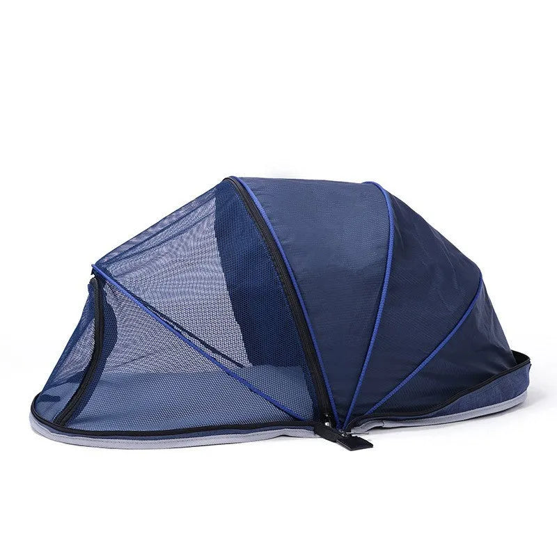 Folding cloth cat tent with half-mesh panels shown in blue colour option