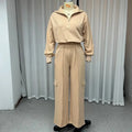 Light camel women's lapel top and high-waisted wide leg trousers two-piece workwear set