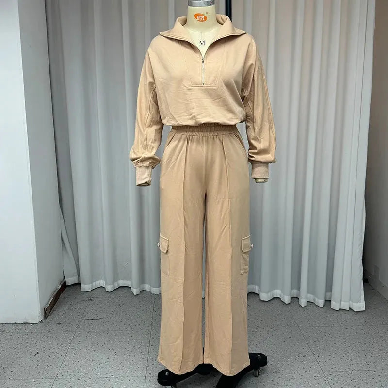 Light camel women's lapel top and high-waisted wide leg trousers two-piece workwear set
