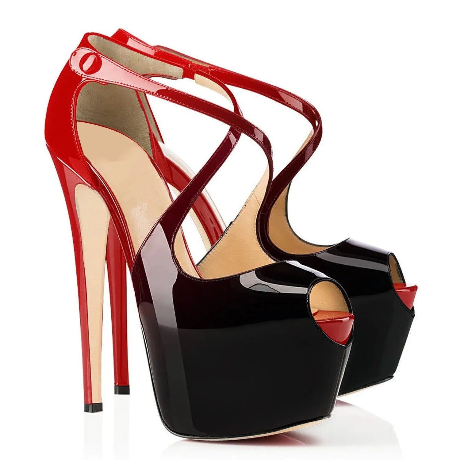 Women's black and red peep toe high heel shoes with matching cross straps and super high heels