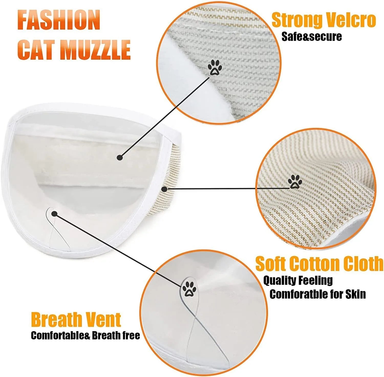 Clear transparent PVC cat muzzle with cotton lining and central breathing hole