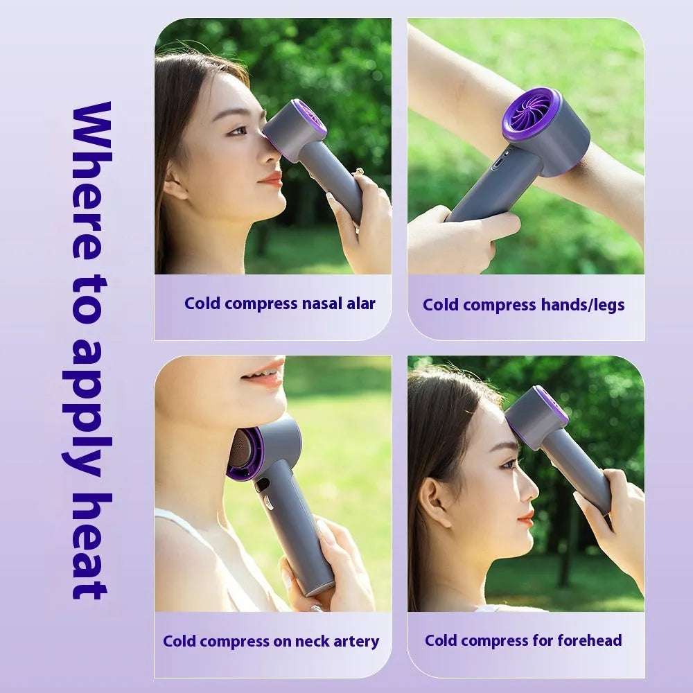 White handheld personal cooling fan showing turbine vent and adjustable controls.