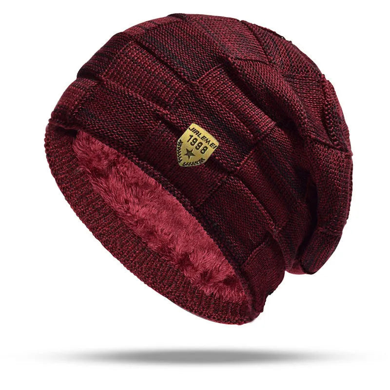 Leisure warm velvet-thick knitted hat in black with plaid pattern, 58-63cm elastic fit, acrylic fibre