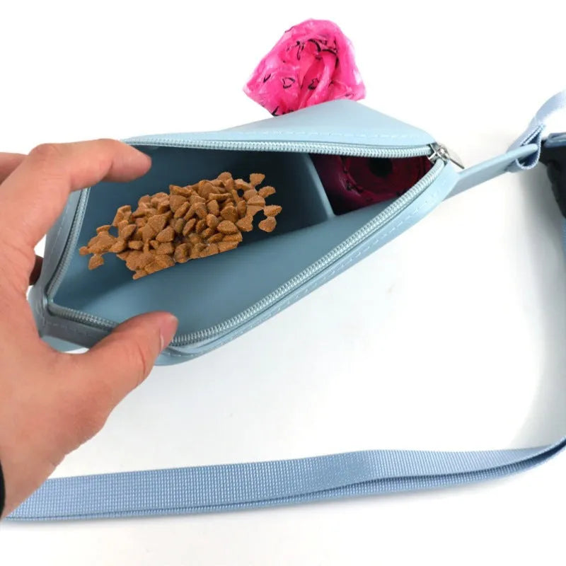 Animal silicone dog food waist bag in solid colour, medium-hard material, portable pet treat storage pouch