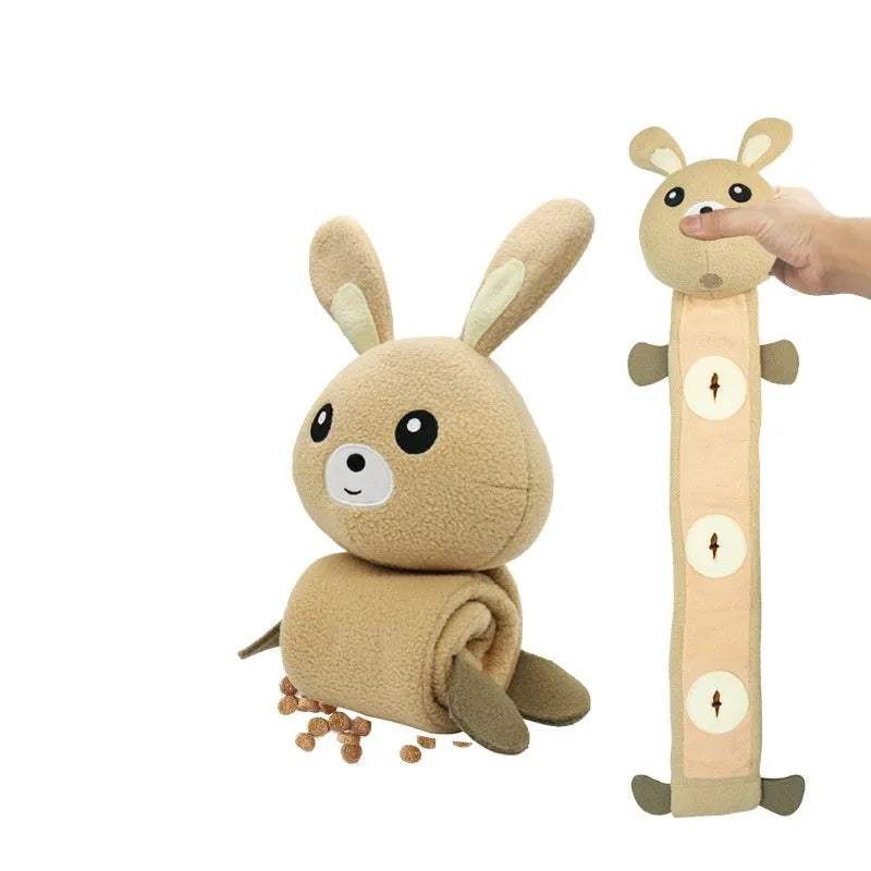 Plush dog sniff toy with poached bunny design showing food hiding compartments and sound-making features