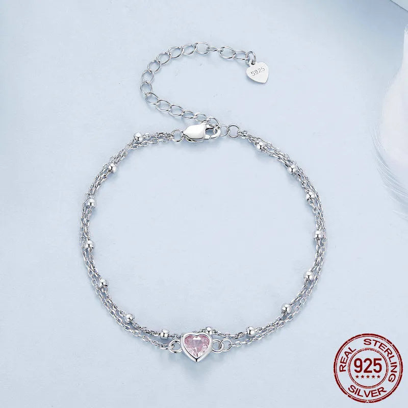 Sweet girlish 925 sterling silver bracelet with heart pendant and adjustable chain