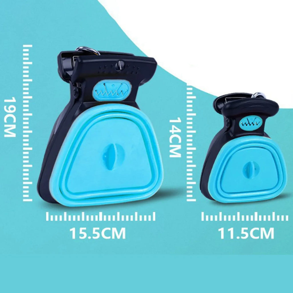 Blue portable dog pooper scooper with clip, shown unfolded with waste bag attached.