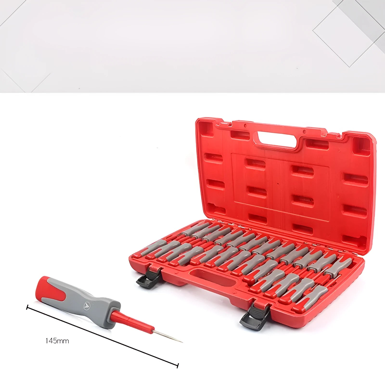 Car terminal removal tool kit with 25 pieces including needles and pull-out keys in a storage case.
