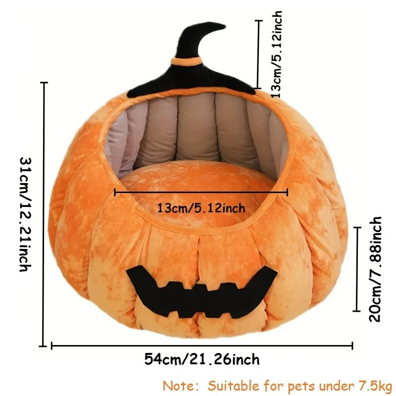 Halloween themed pumpkin cartoon devil design soft plush cat bed for cats and small dogs in black colour.
