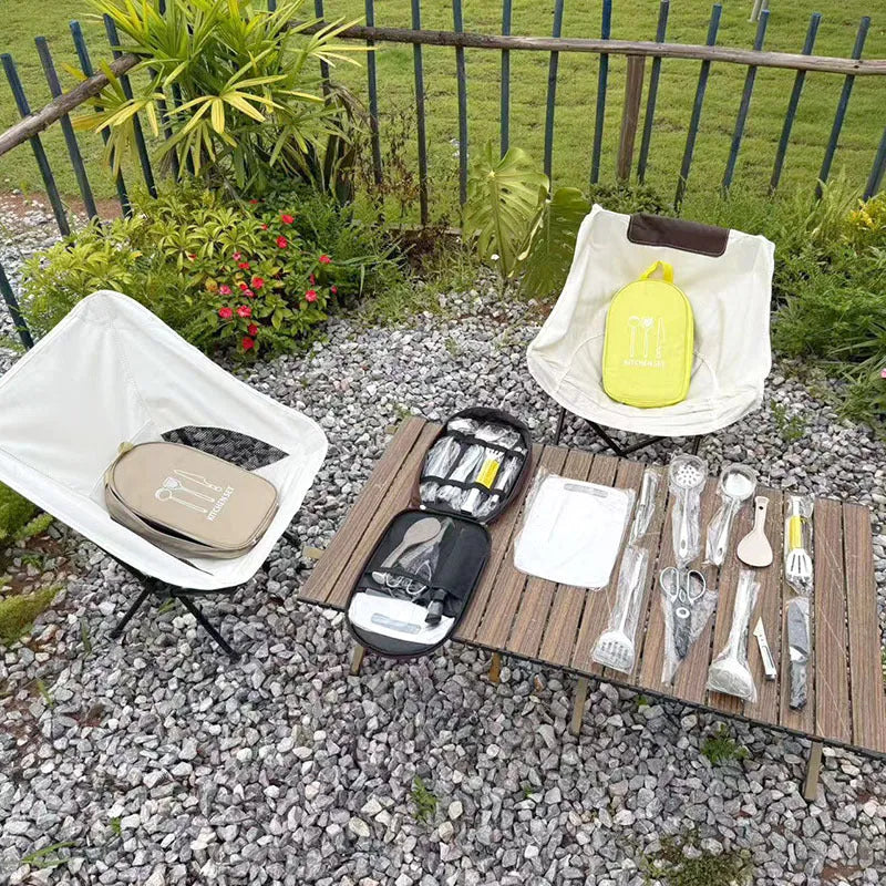 Khaki portable picnic bag unrolled to show 12 stainless steel cutlery pieces.