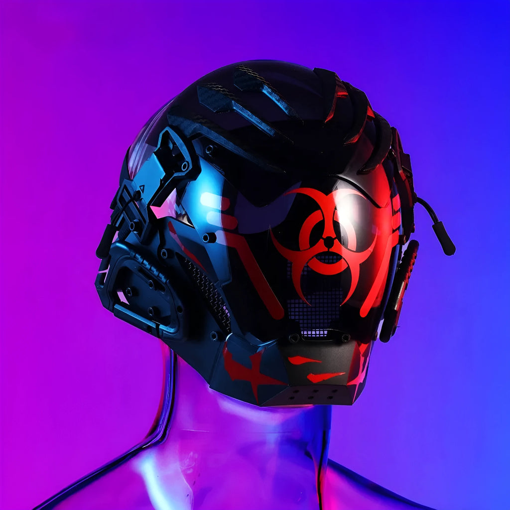Black full face costume prop helmet with a smooth, futuristic design on a grey background.