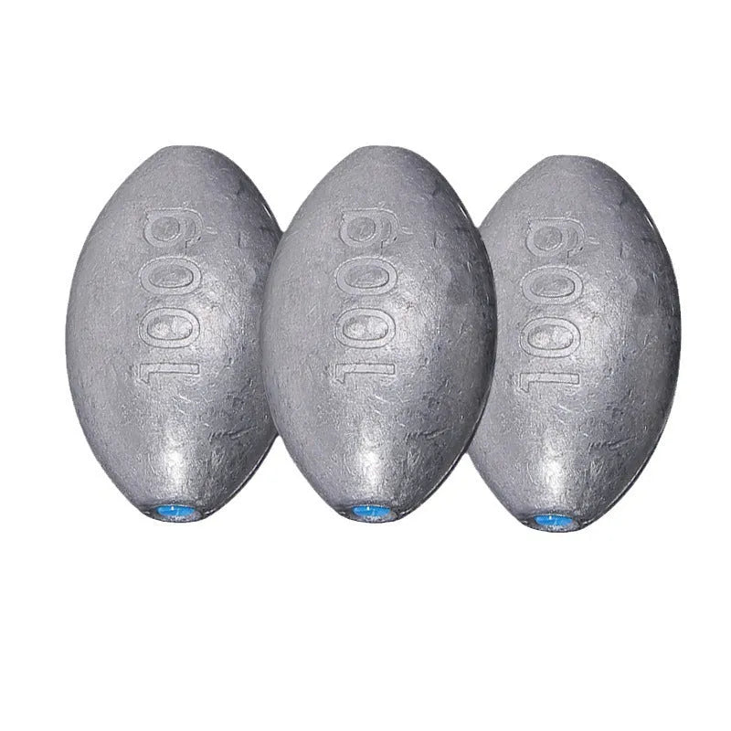 Scaled olive lead fishing sinker with Tongxin plastic core in rugby shape.
