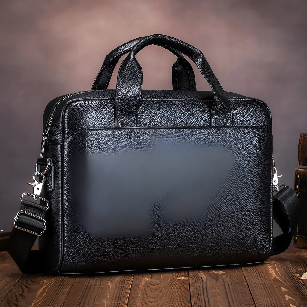 Men's genuine first layer cowhide leather portfolio bag in brown, fits 15-inch laptop, simple solid colour design