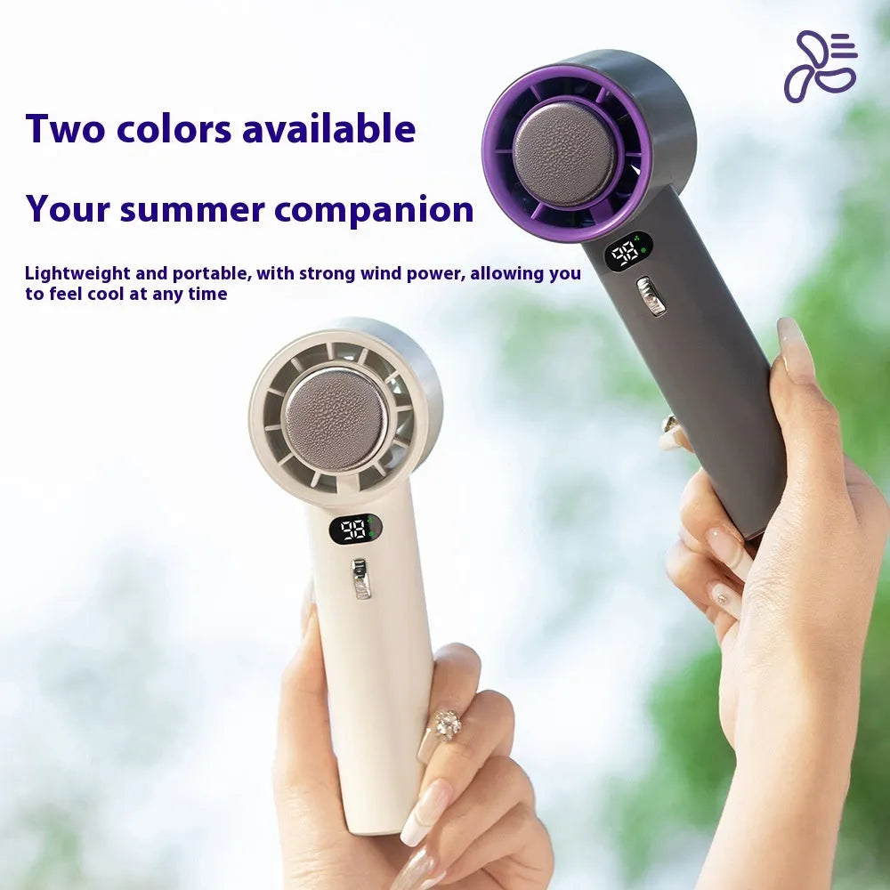 White handheld personal cooling fan showing turbine vent and adjustable controls.