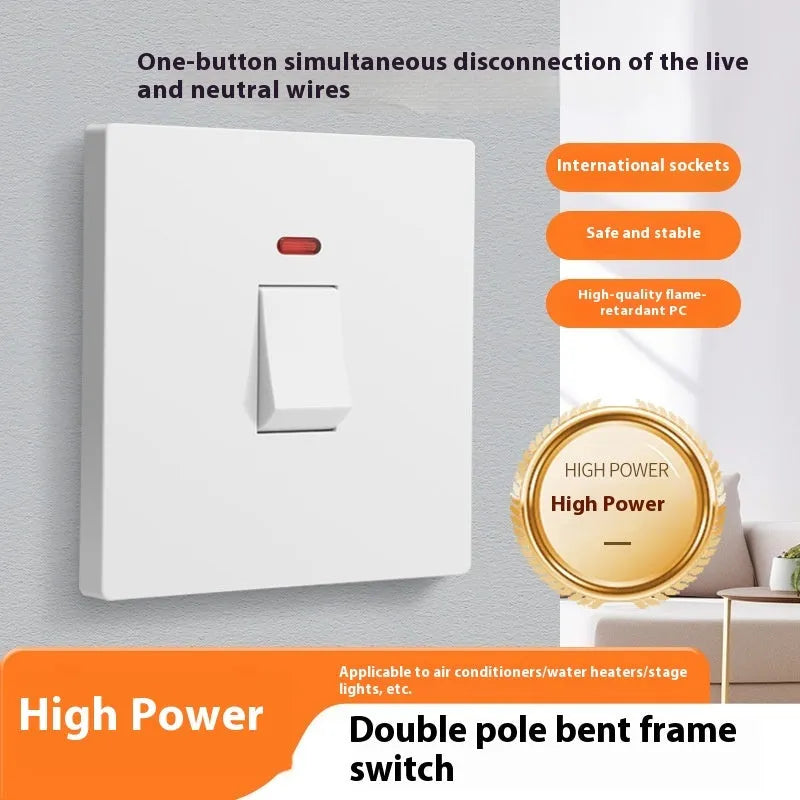 Gold coloured high-current double-break wall switch with illuminated light panel.