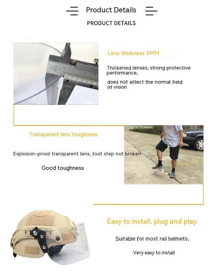 Transparent polycarbonate helmet face shield measuring 30x15cm with guide rail mounting system