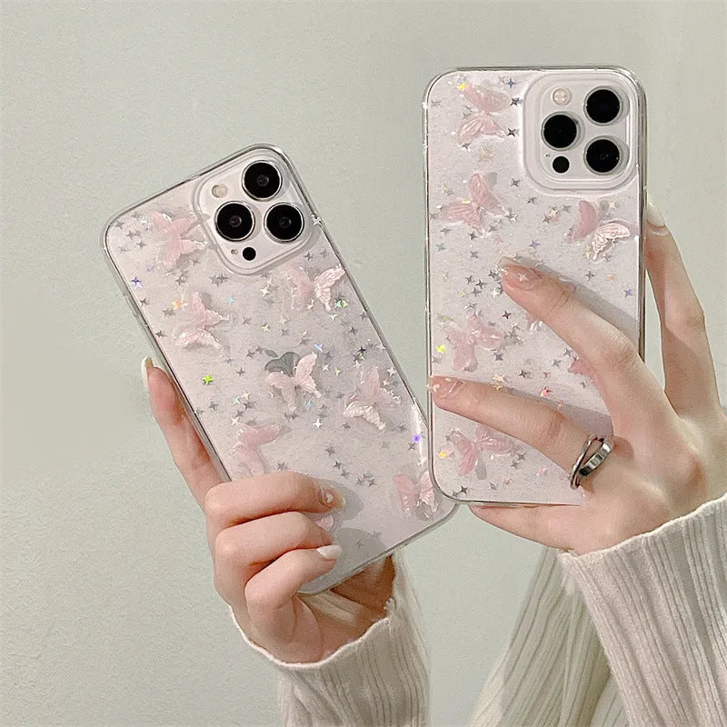 TPU back cover for iPhone 13 Pro Max with 3D dream pink butterfly design, transparent glue base, slim profile