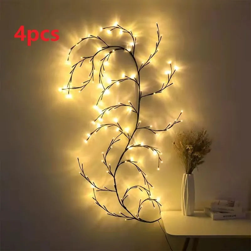 Flexible LED willow vine garland with warm white lights shaped into decorative curve
